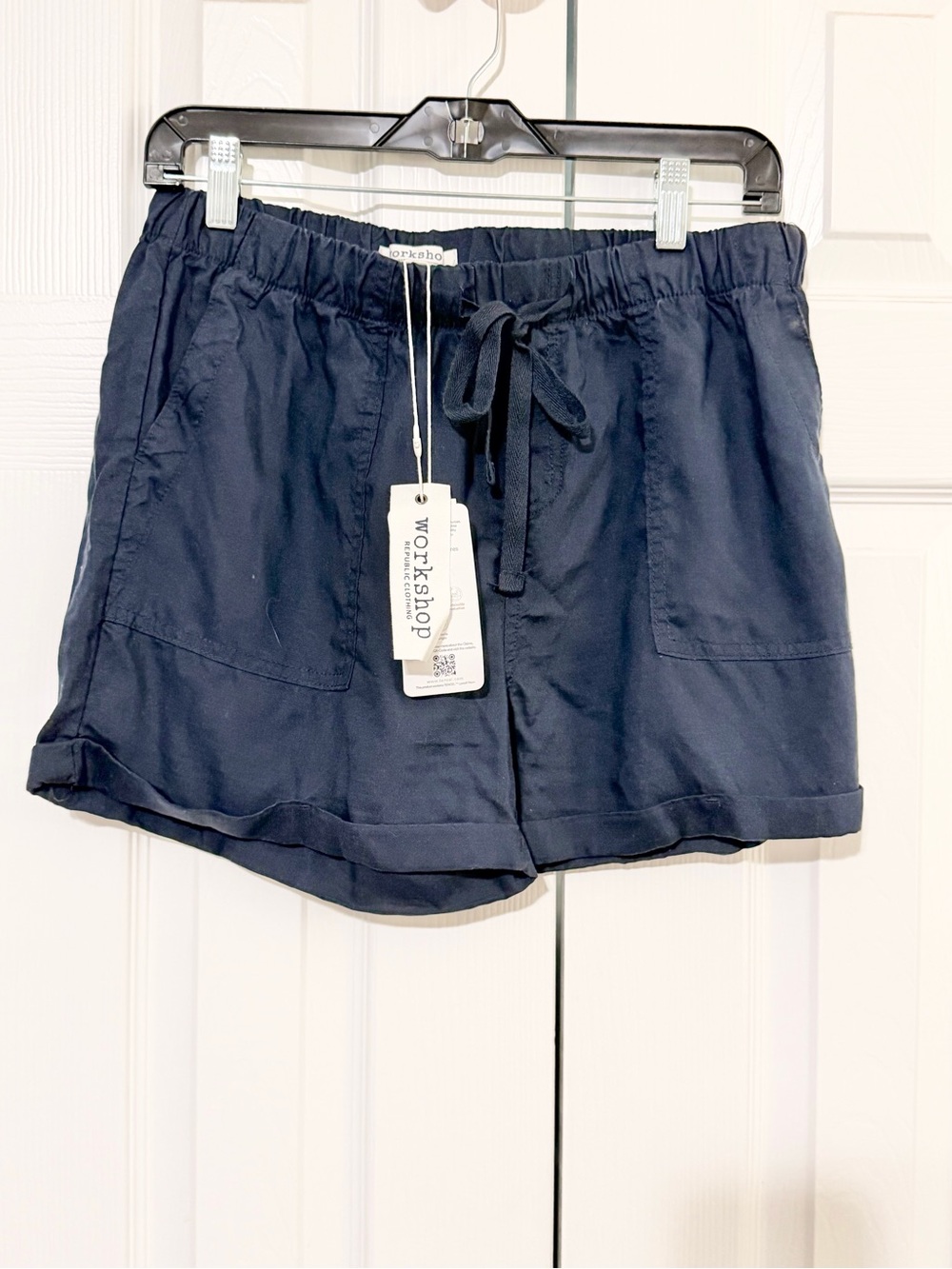 Workshop Republic Clothing Navy Linen-Blend High-Waist Drawstring Shorts